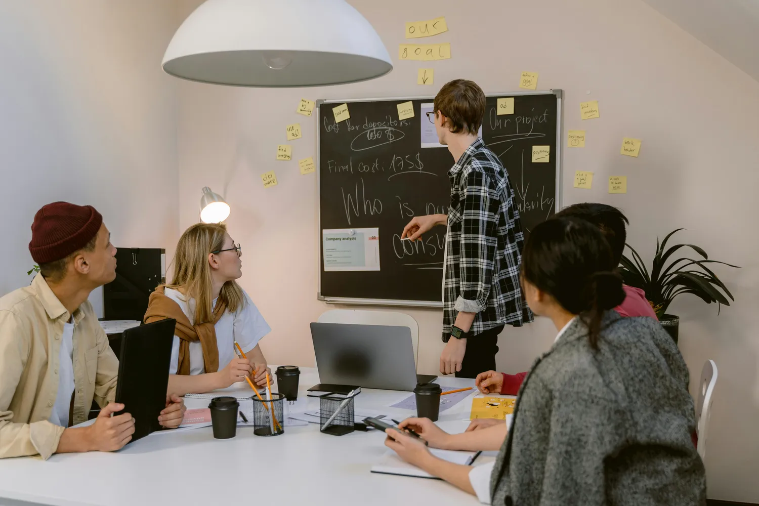 5 Menschen, im lässigen Studenten- oder Hippsterlook eines Start-up Unternehmens in einem fensterlosen Arbeitsraum. Alle Personen haben den Blick auf eine Tafel an der Stirnwand des Raums gerichtet. Auf der Tafel steht mit weißer Kreide in englischer Sprache: Who is our customer - Our project, außerdem Zahlen mit Dollar-Währungszeichen. 2 Frauen und ein junger Mann mit einer roten Strickmütze sitzen an einem Arbeitstisch mit Notizblöcken, Stiftbehältern und Trinkbechern und einem Laptop. Eine Frau hat einen Stift und einen Taschenrechner in ihrer Hand. Ein junger Mann mit Brille und Karohemd steht zwischen Arbeitstisch und der Tafel und zeigt auf Notizen und Grafiken, die auf der Tafel zu lesen sind. Um die Tafel herum sind noch mehrere gelbe Haftzettel mit unlesbaren Notizen an der Wand verteilt.